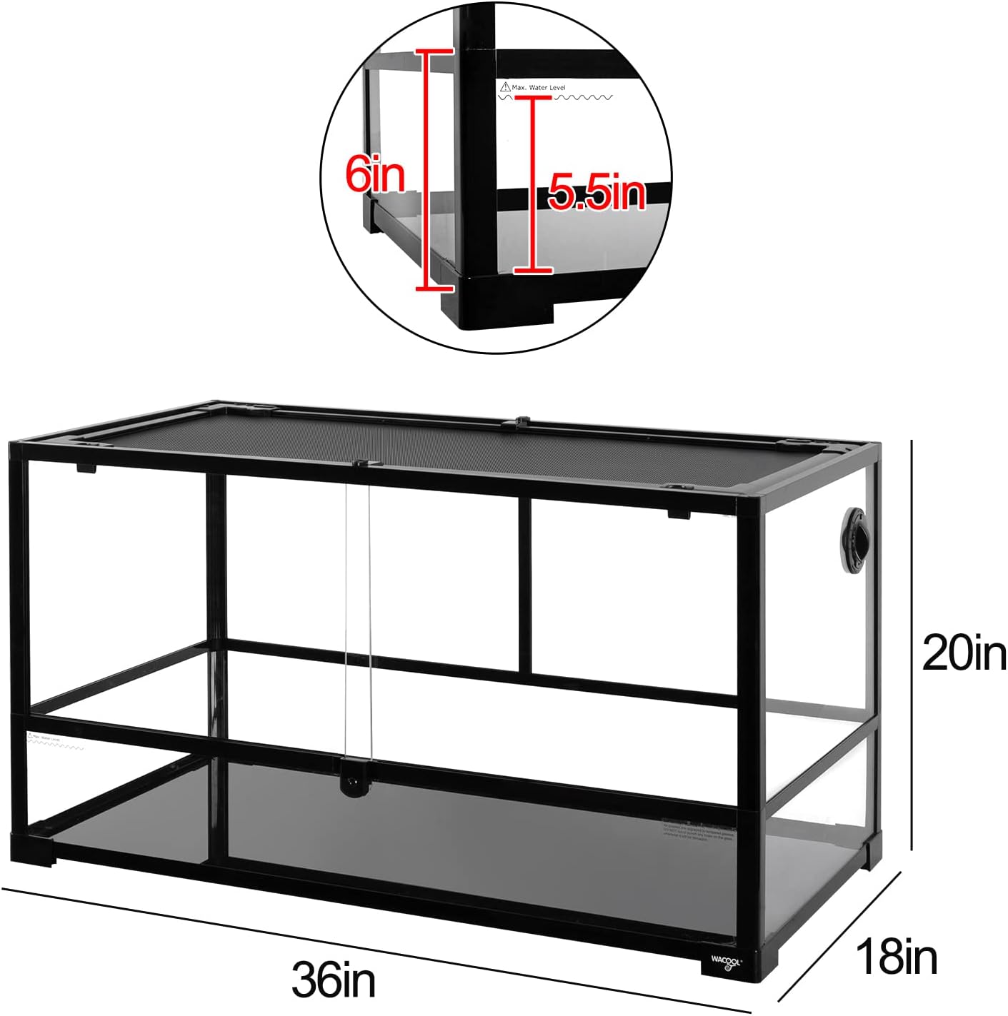 Large Reptile Tank 55 Gallon, 360°Full Vision Glass Reptile Terrarium with Top Mesh Lid for Beaded Dragon Lizard Gecko Snake Hermit Crab Use, 36"(W) X18(D) X20(H) - FurryFun