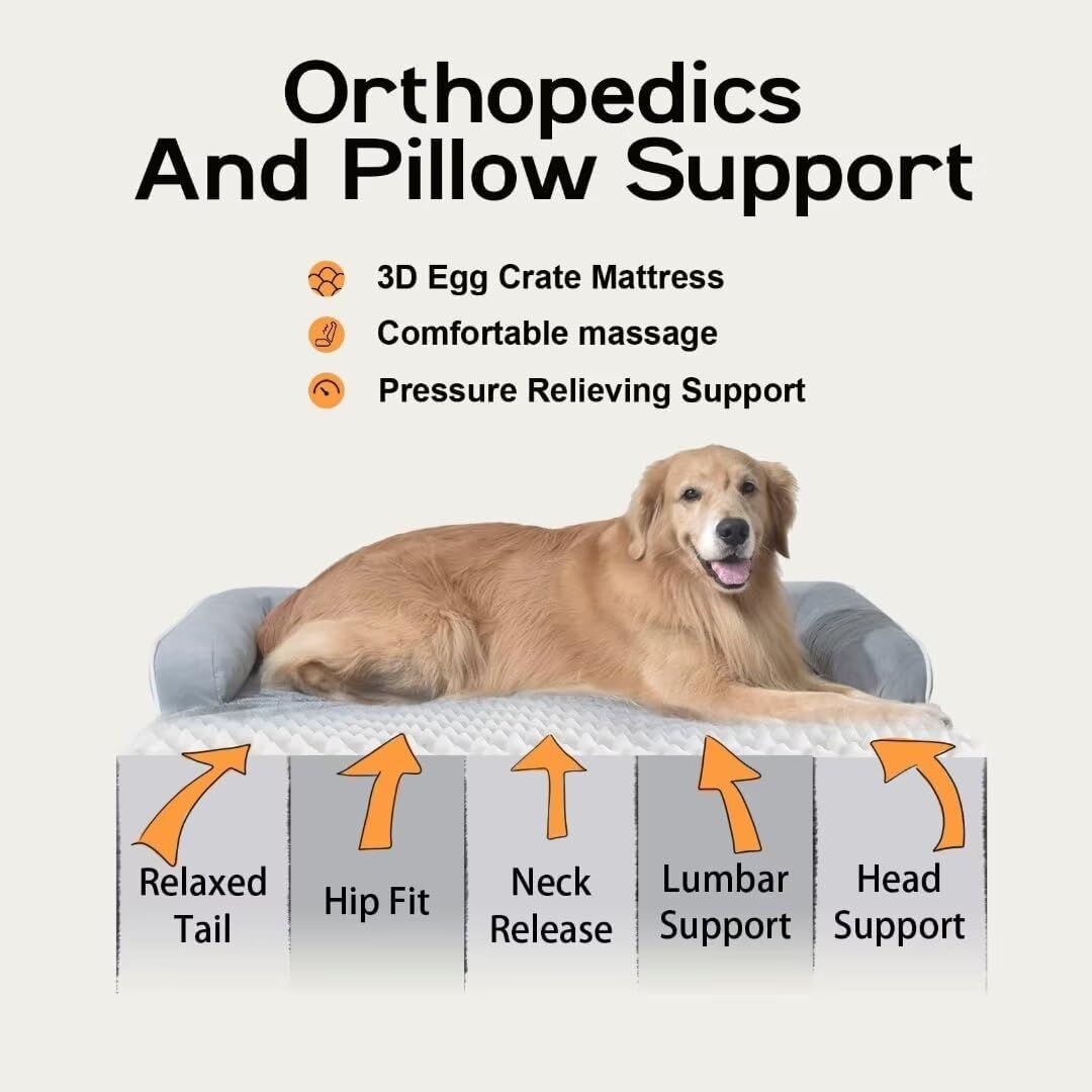 Large Dog Bed Orthopedic Washable - Beds Bolster Pet - XXL XXLarge Big Dogs - Memory Foam - Couch Sofa - Waterproof with Removable Cover - Grey Dog Bed