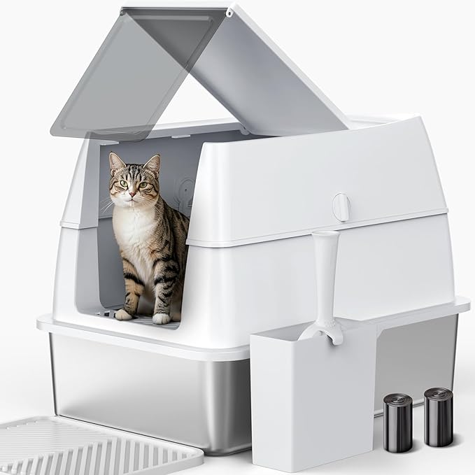 Stainless Steel Litter Box with Lid, XL Extra Large Metal Cat Litter Boxes for Big Cats Enclosed, Easy to Scoop with Scoop Set, High Sides Enclosure Anti-Urine Leakage Non-Sticky
