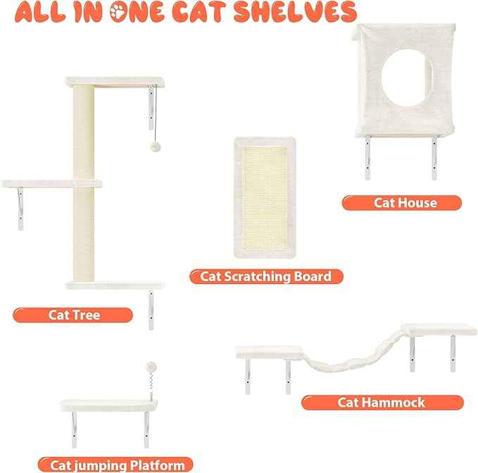 NUNU LAB Cat Wall Shelves, 5Pc Wall Mounted Cat Climber, Floating Perch, Bridge,Tree, House, Modern Indoor Furniture for Kitten - Beige