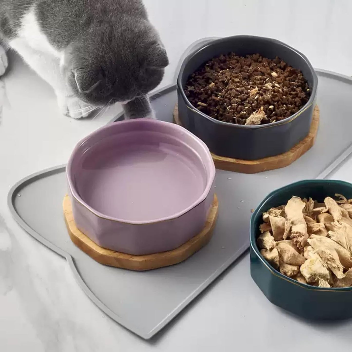Cat Food Mat, Silicone Pet Feeding Mat for Floor Non-Slip Waterproof Dog Water Bowl Tray Cushion (17" x 10", Stone Blue)