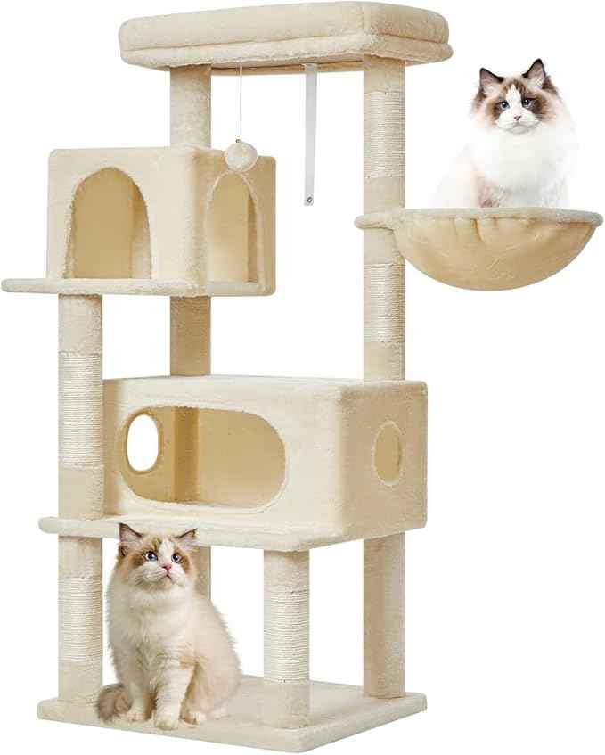 Taoqimiao Cat Tree,49-Inch Cat Tower for Indoor Cats,2 Luxurious cat condo with Adjustable Large Hanging Baskets and Large Luxurious Perch Beige MS029LM