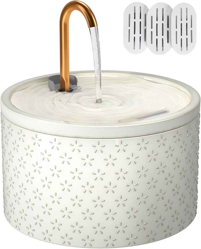 Ceramic Cat Water Fountain - 2.1L/71oz - Firework Embossed All-Ceramic Body & Pure Copper Spout - Non-Toxic & Automatic Pet Drinking Fountain Indoor with Ultra-Quiet Pump, 3 Filters & Sponge