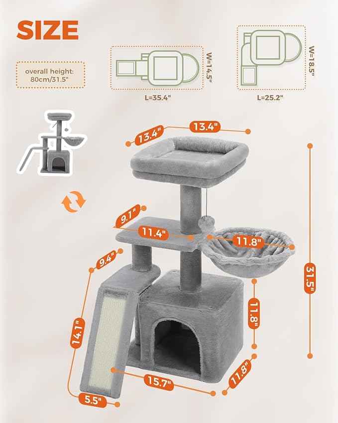 PETEPELA Small Cat Tree for Indoor Cats, 32'' Cute Cat Tower Cat Condo with Sisal Scratching Ramp, Cozy Hammock and Removable Top Bed Perch for Kittens, Grey