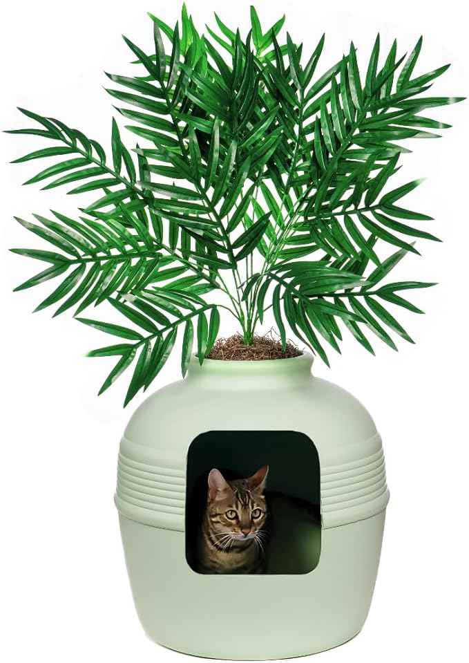 Good Pet Stuff Hidden Litter Box Planter, Decorative Cat Litter Enclosure with Carbon Filter, Artificial Plant, Easy Clean, Indoor Design, Original Round Style, Base Kit, Seagrass Green