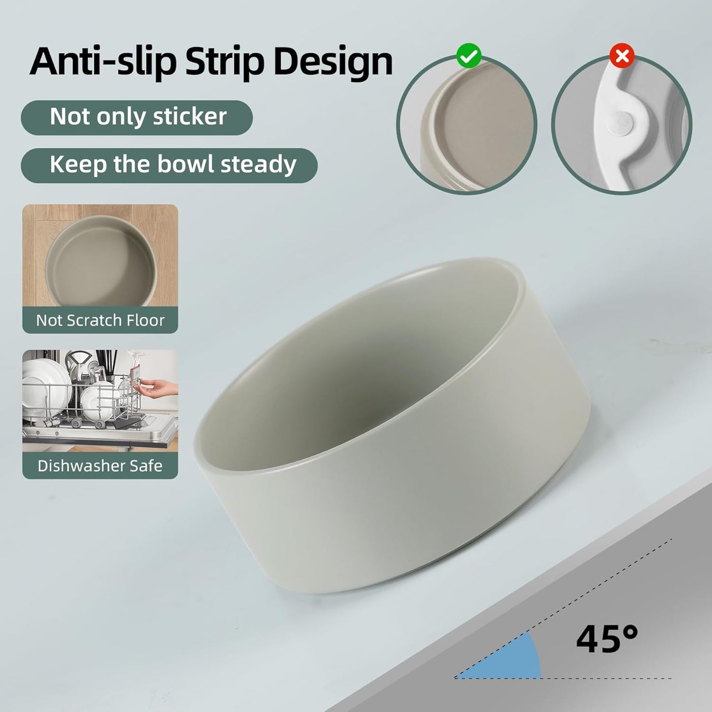 Ceramic Raised Double Bowls Set with Stand, Food & Water Bowls for Large Breed Dogs, Weighted Dog Dishes, Pet Bowl(8.2'',60OZ, Grey)