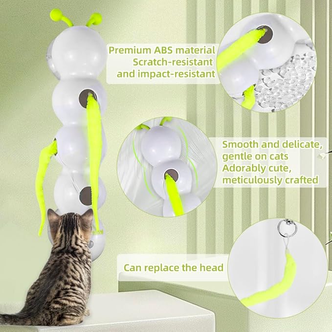 Caterpillar Smart Cats Toys, Interactive Cat Feather Toy with Motion Sensor, Whirlie Cat Toy for Hunting, Reduce Boredom, USB Rechargeable, No Drilling Required, Mount on Wall & Window