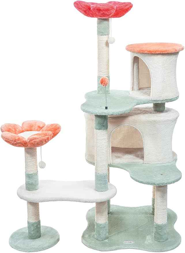 HYABi 56.3in Flower Design Cat Tree, Foldable Multi-Level Tower for Large Cats, Space-Saving Cat Furniture with Scratching Posts, Plush Condo for Indoor Cats