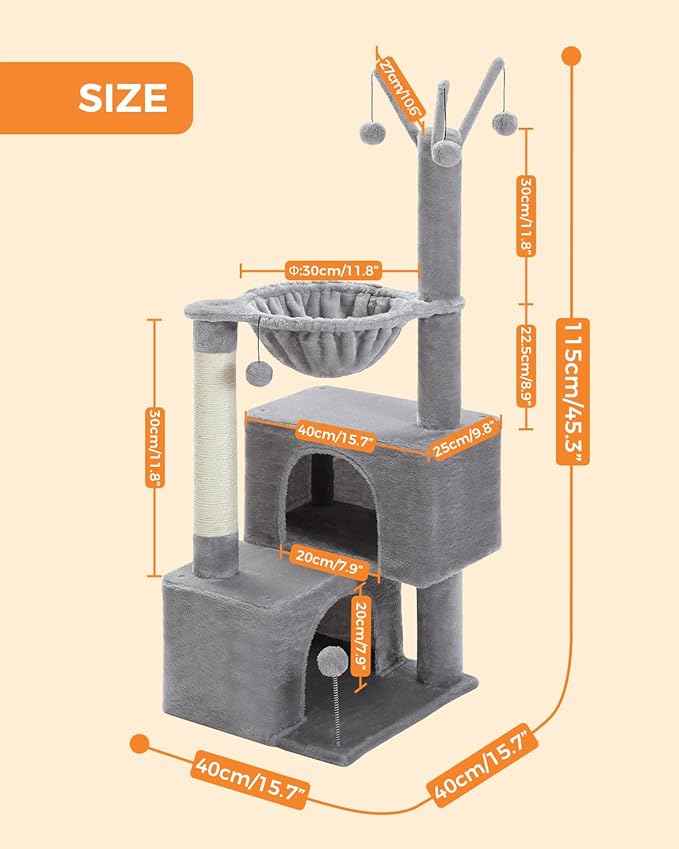 45-Inch Small Cat Tree with 2 Condos for Indoor Cats,Cat Tower with Scratching Posts for Small Cats,Grey Cat Tree Tower with Hammock and Cat Toys