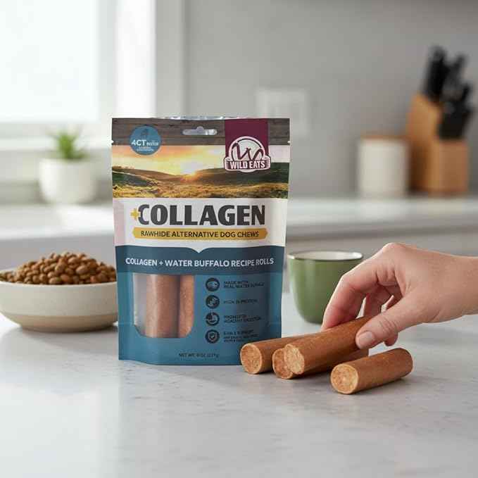Wild Eats Water Buffalo Flavor Collagen Retriever Style Cheek Rolls 5" Dog Chews-4 Pack (Long Lasting Dog Chews Treats & Bones for Medium Dogs) Substitute for Pig Ears for Dogs