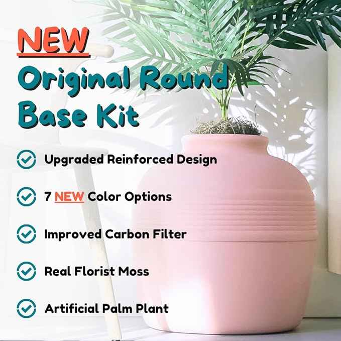 Good Pet Stuff Hidden Litter Box Planter, Decorative Cat Litter Enclosure with Carbon Filter, Artificial Plant, Easy Clean, Improved Design, Round Style, Base Kit, Blush Pink