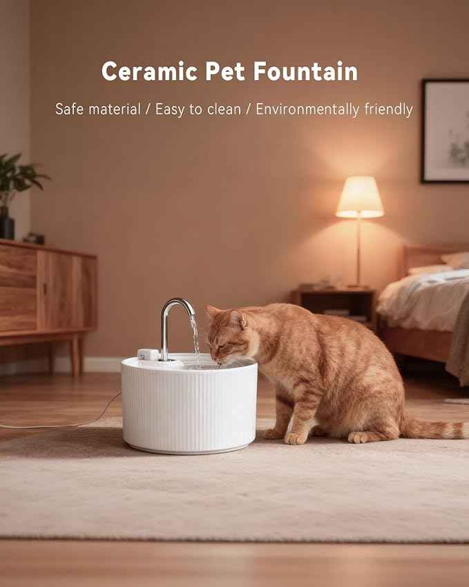 Ceramic Cat Water Fountain, 2.2L/74oz Cat Fountains for Drinking Indoor, Pet Water Fountain with Ultra-Quiet Pump