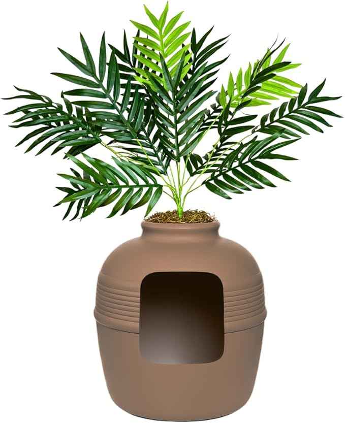 Good Pet Stuff Hidden Litter Box Planter, Decorative Cat Litter Enclosure with Carbon Filter, Artificial Plant, Easy Clean, Improved Design, Round Style, Base Kit, Chestnut Brown