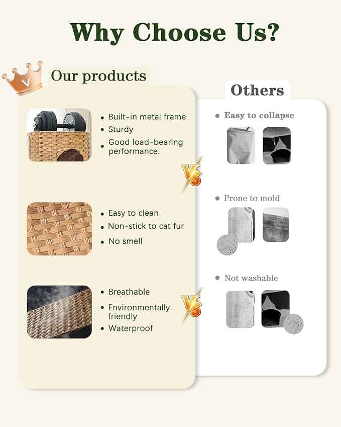 Cat House for Indoor Cat, Large Double Cat Houses Cat Bed Cave, Handwoven Rattan Pet Beds with One Soft Pad, 17 x 17 x 17 Inches Foldable Kitten Hideaway in Living Room Natural