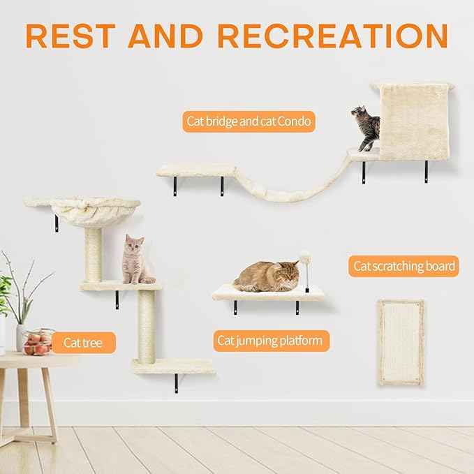 Cat Wall Shelves, Multi-Level Cat Climbing Furniture, Space-Saving Wall-Mounted Cat Climber Set with Perches,Bridge,Hammock,Scratching Board & Ball for Indoor Cat Play (Light Grey)