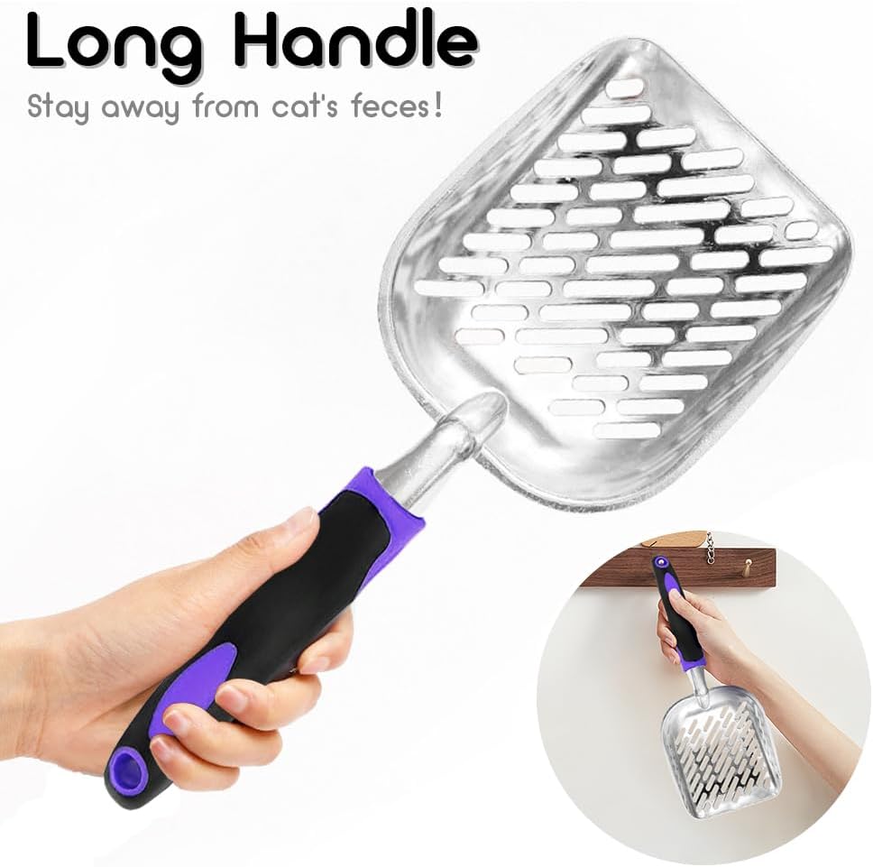 Cat Litter Scoop-Metal Cat Scooper-Long Handle Scoop,Cat Scooper-Poop Sifting-Mesh Shovel-Suitable for Cat Litter Box (Purple)