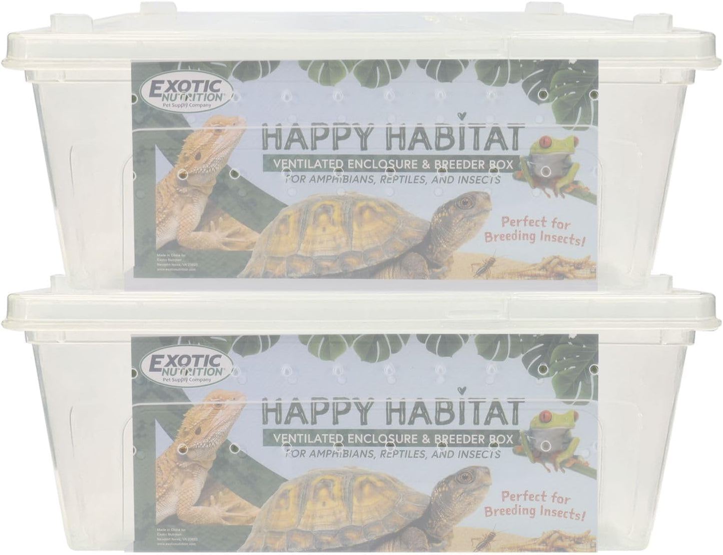 Happy Habitat (Medium - 2 Pack)- Ventilated Enclosure & Breeder Box - for Live Feeder Insects, Reptiles, Amphibians & Other Small Pets - Durable Plastic Portable Terrarium - FurryFun