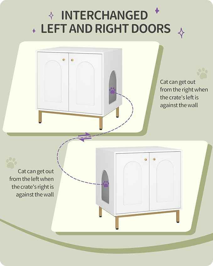 Cat Litter Box Enclosure, Hidden Litter Box Furniture Cabinet, Wooden Indoor Cat House, Side End Table, Living Room, Bedroom, White and Gold CB81203G