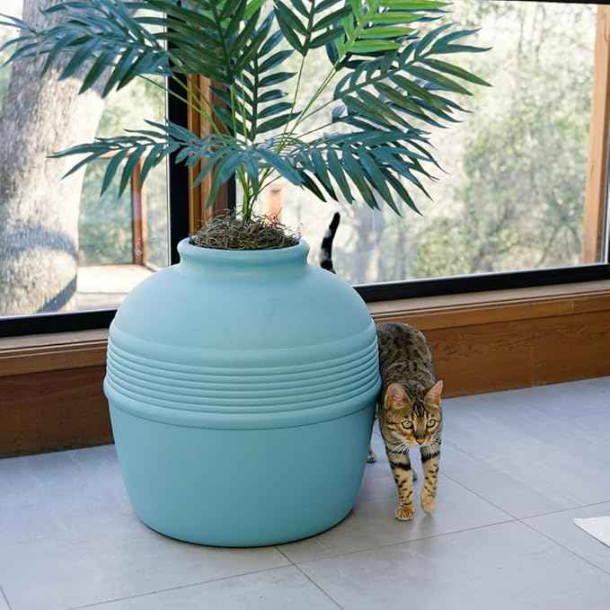 Good Pet Stuff Hidden Litter Box Planter, Decorative Cat Litter Enclosure with Carbon Filter, Artificial Plant, Easy Clean, Improved Design, Round Style, Base Kit, Coastal Blue