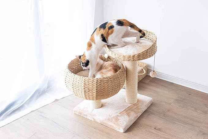 PetPals 23" High Handwoven Recycled Paper Rope Baskets Bed and Perch, Sisal Scratching Post, Playful Teaser Toy, Washable Cushion, for Indoor Cats (Beige)