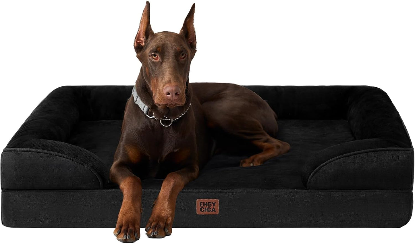 EHEYCIGA Orthopedic Dog Beds for Extra Large Dogs, Waterproof Memory Foam XXL Dog Bed with Sides, Non-Slip Bottom and Egg-Crate Foam Big Pet Couch Bed with Washable Removable Cover, Black