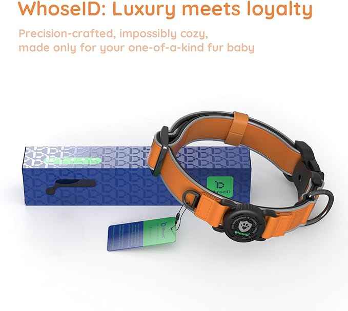 WhoseID Premium Leather Dog Collar - Waterproof AirTag Dog Collar | Magnetic Buckle Heavy Duty Collar | Medium Reflective Dog Collar with AirTag Holder