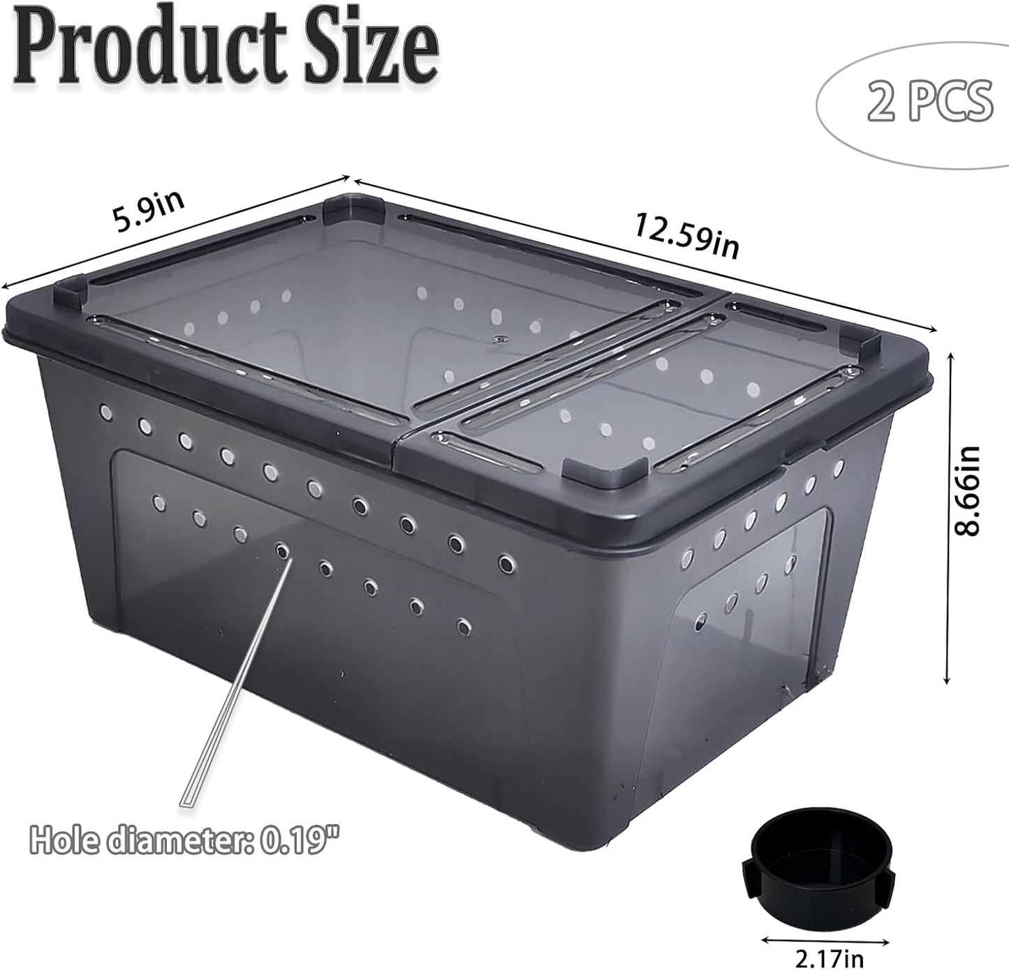 PINVNBY Reptile Enclosure Terrarium 2-Pack - 12.6"x8.7"x5.9" Multi-Purpose Transparent Plastic Habitat Cage for Gecko Scorpion Spider Snake Breeding Feeding & Cricket Keeper with Ventilated Lid, Black - FurryFun