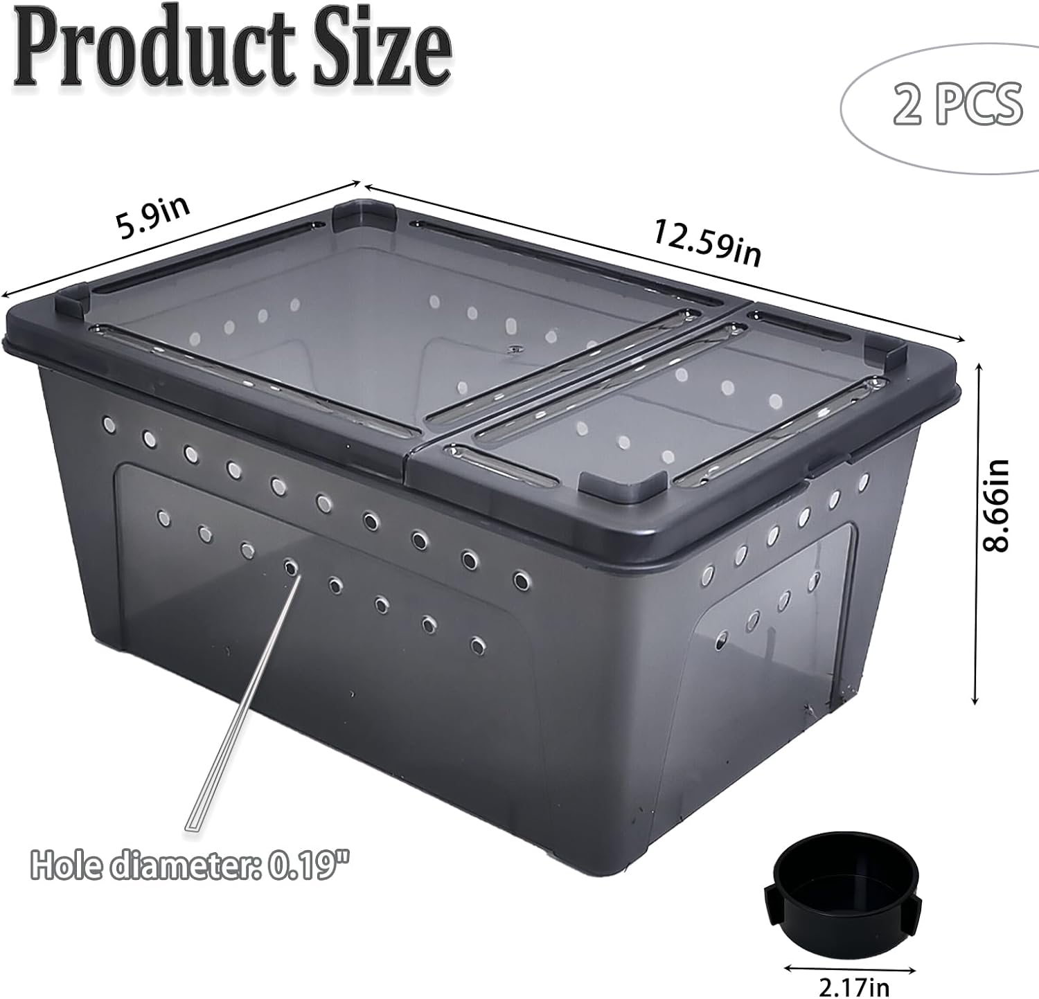 PINVNBY Reptile Enclosure Terrarium 2-Pack - 12.6"x8.7"x5.9" Multi-Purpose Transparent Plastic Habitat Cage for Gecko Scorpion Spider Snake Breeding Feeding & Cricket Keeper with Ventilated Lid, Black - FurryFun