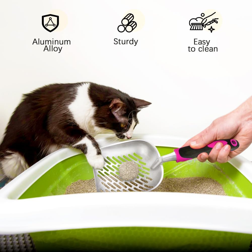 Cat Litter Scoop-Metal Cat Scooper-Long Handle Scoop,Cat Scooper-Poop Sifting-Mesh Shovel-Suitable for Cat Litter Box, (Rose Red)