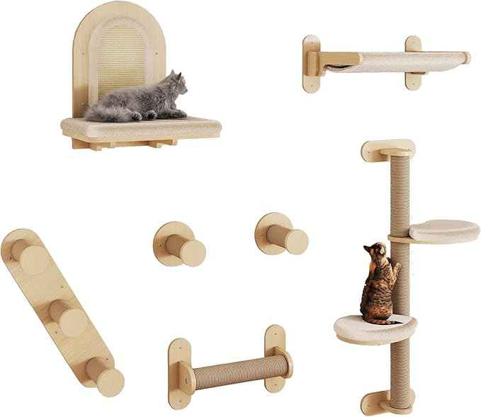 BYBYME 7 Pcs Wall-Mounted Cat Shelves, Multi-Level Sturdy Climbing Frame with Scratching Posts, Kitten Platform & Cat Bed for Playing & Resting, Solid Wood Indoor Cat Room Tree（Natural Wood）