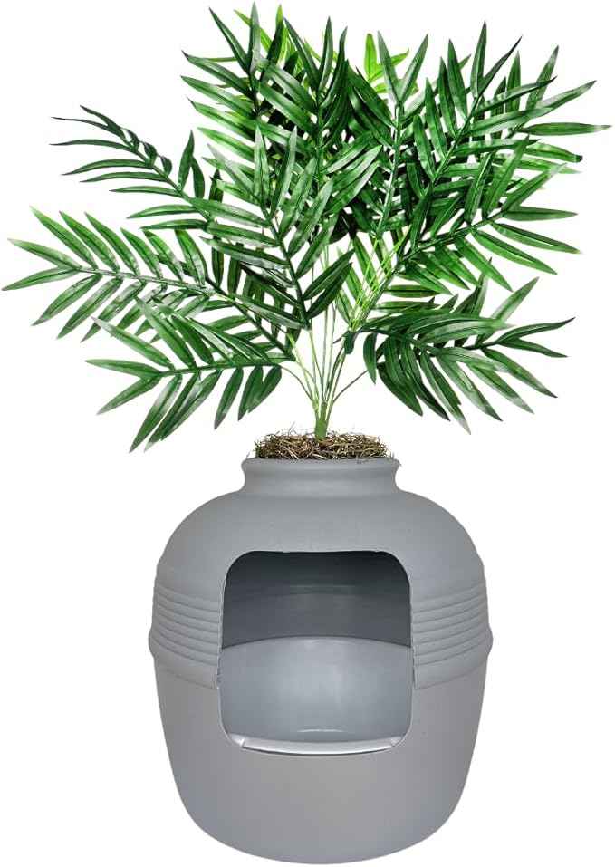 Good Pet Stuff Hidden Litter Box Planter, Decorative Cat Litter Enclosure with Carbon Filter, Artificial Plant, Easy Clean, Indoor Design, Original Round Style, Essentials Kit, Stone Gray