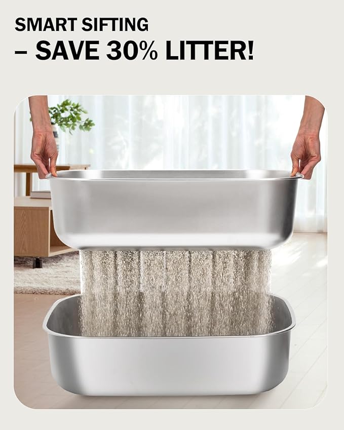 Stainless Steel Sifting Litter Box with Lid, Metal Litter Pan with Scoop for Big Cats Multi Cat, Extra Large Cats Litterbox Odor Control Easy Clean (23 * 15.7 * 16.7inch-Full Enclosed, X-Large)