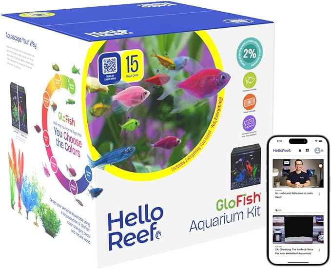 HelloReef 15 Gallon Glofish Complete Freshwater Aquarium Kit with App Controlled Smart LED Lighting, Filtration, Glofish Decor, and Guided Online Learning Center