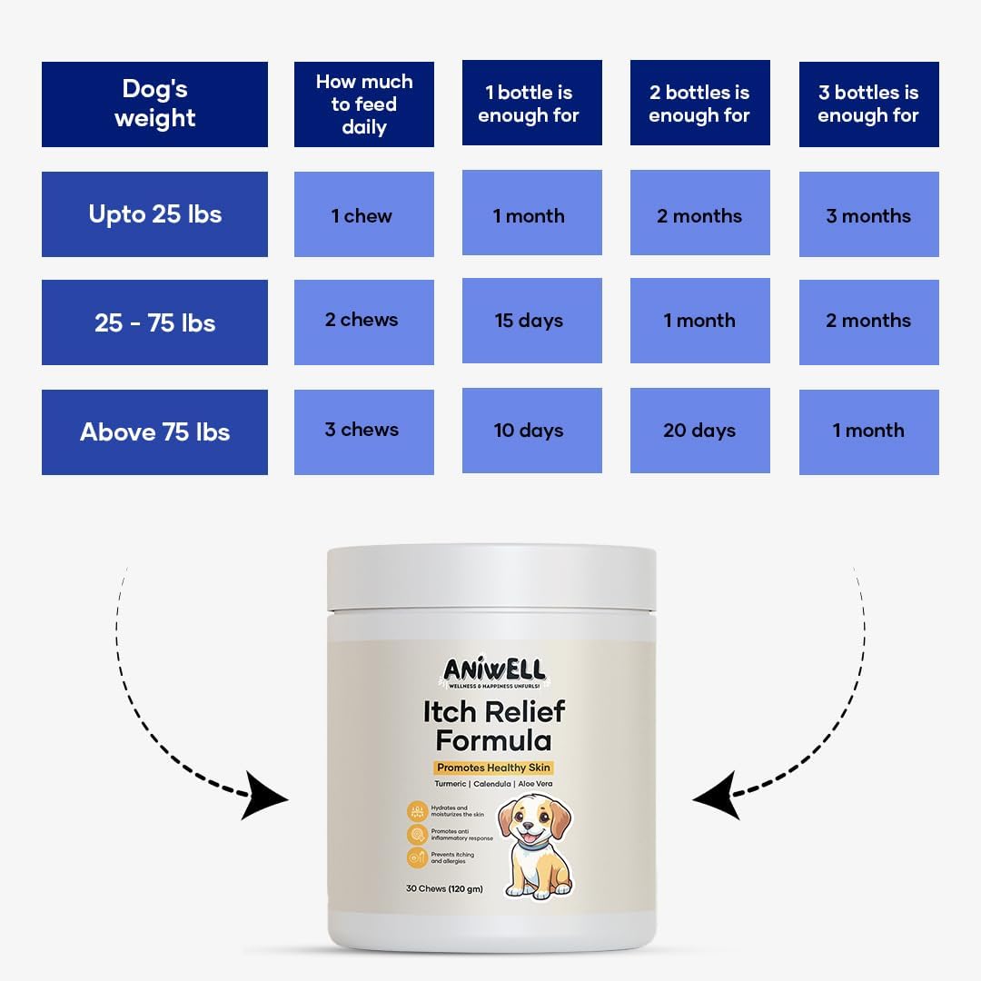 Itch Relief Formula for Dogs – Vitamin E & Borage Oil Supplement – Packed with Beneficial Fatty Acids for Healthy Skin – Seasonal Allergies Support Chews | Pack of 2