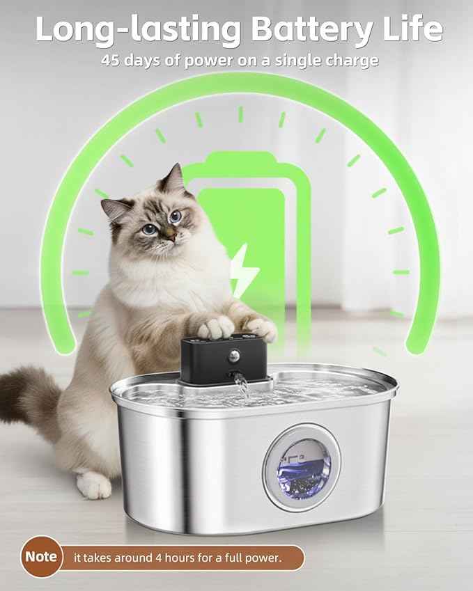 Cat Water Fountain Wireless - Stainless Steel 3.2L/108oz Cordless Pet Fountain - Battery Operated Automatic Water Dispenser for Cats Indoor, with Motion Sensor & Quiet Pump