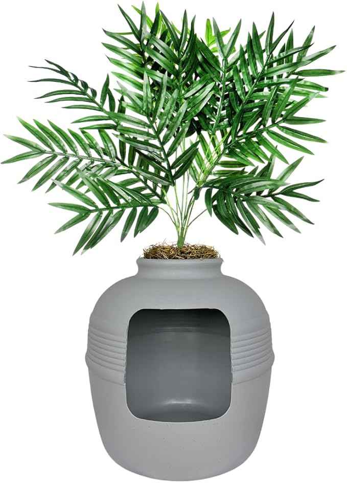 Good Pet Stuff Hidden Litter Box Planter, Decorative Cat Litter Enclosure with Carbon Filter, Artificial Plant, Easy Clean, Indoor Design, Original Round Style, Base Kit, Stone Gray