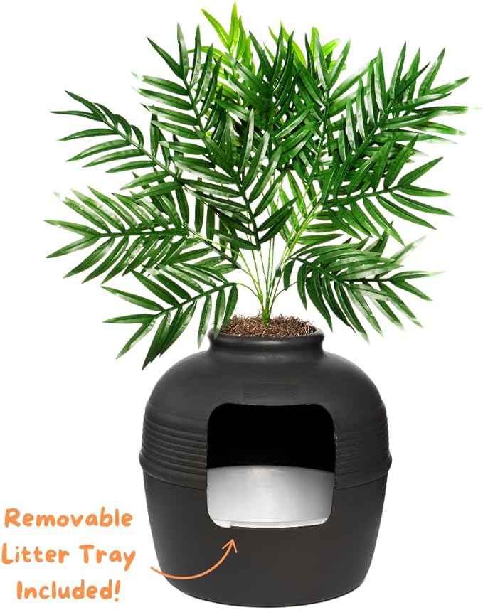 Good Pet Stuff Hidden Litter Box Planter, Decorative Cat Litter Enclosure with Carbon Filter, Artificial Plant, Easy Clean, Indoor Design, Original Round Style, Essentials Kit, Black Suede