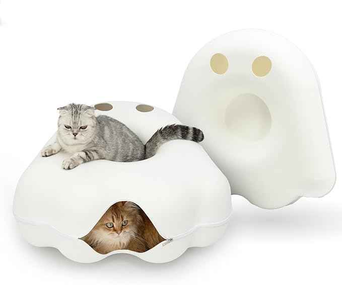 Cattasaurus Unique Gothic Peeka-Boo Cat Cave Duo Jumbo Set, Extra Spacious for Multiple & Large Cats 15+ lbs, Scratch Detachable Cat Beds for Indoor Cats, Washable Tunnel Bed