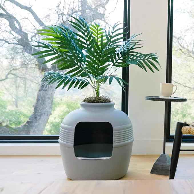 Good Pet Stuff Hidden Litter Box Planter, Decorative Cat Litter Enclosure with Carbon Filter, Artificial Plant, Easy Clean, Removable Liner, Round Style, Essentials Kit, Pebble Gray