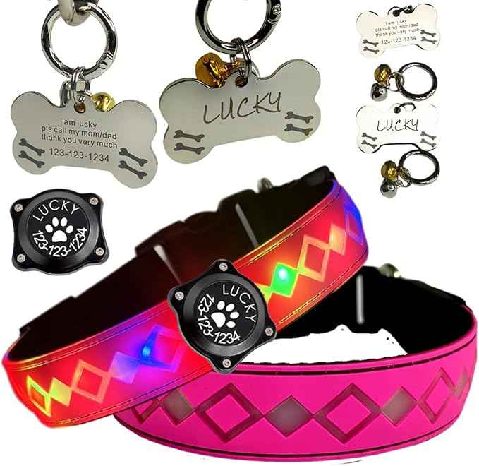 LED Dog Collar with AirTag Holder and Custom ID Tag, 15 Light Modes, Waterproof, Multiple Colors (Pink Pro, L(15.7-19.7"))