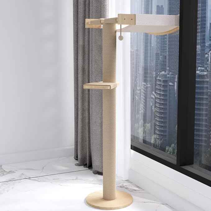 Cat Window Perch with Scratching Post Strong Supported - Large Hammock Bed for Cats Inside - Solid Wood Seat, Soft Cushion - Rustic Indoor Cat Tree Shelf for Sunbathing (Natural, Large 2)
