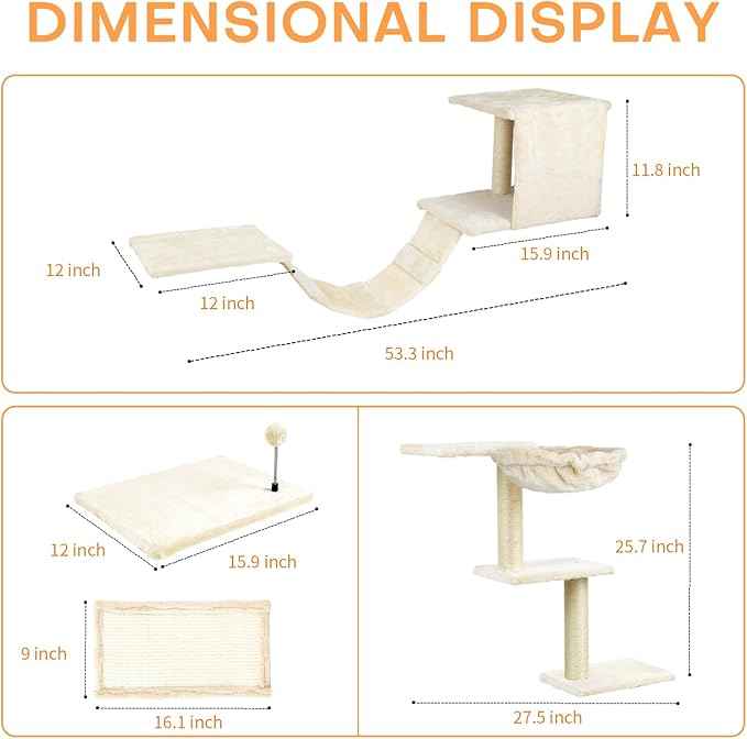 Cat Wall Shelves, Multi-Level Cat Climbing Furniture, Space-Saving Wall-Mounted Cat Climber Set with Perches,Bridge,Hammock,Scratching Board & Ball for Indoor Cat Play (Beige)