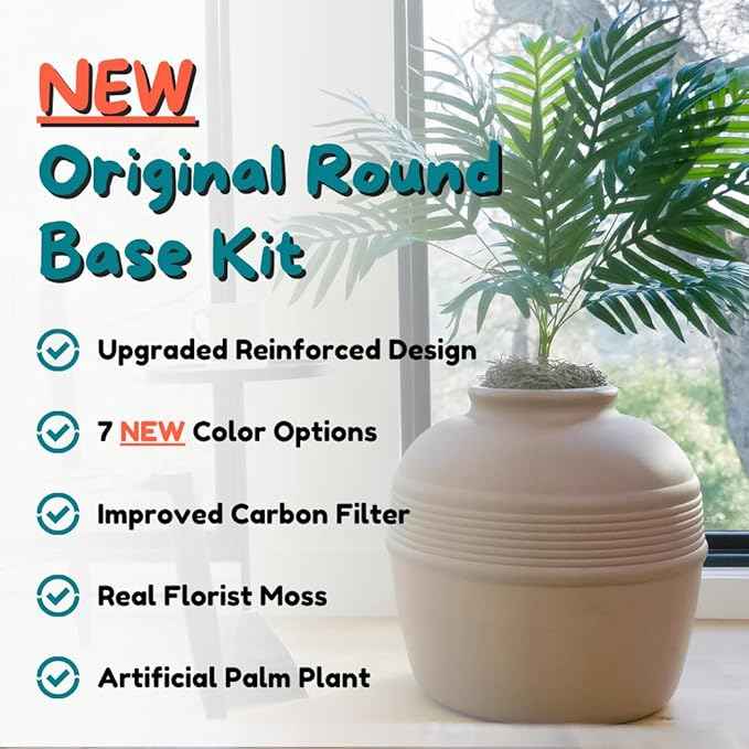 Good Pet Stuff Hidden Litter Box Planter, Decorative Cat Litter Enclosure with Carbon Filter, Artificial Plant, Easy Clean, Improved Design, Round Style, Base Kit, Chestnut Brown