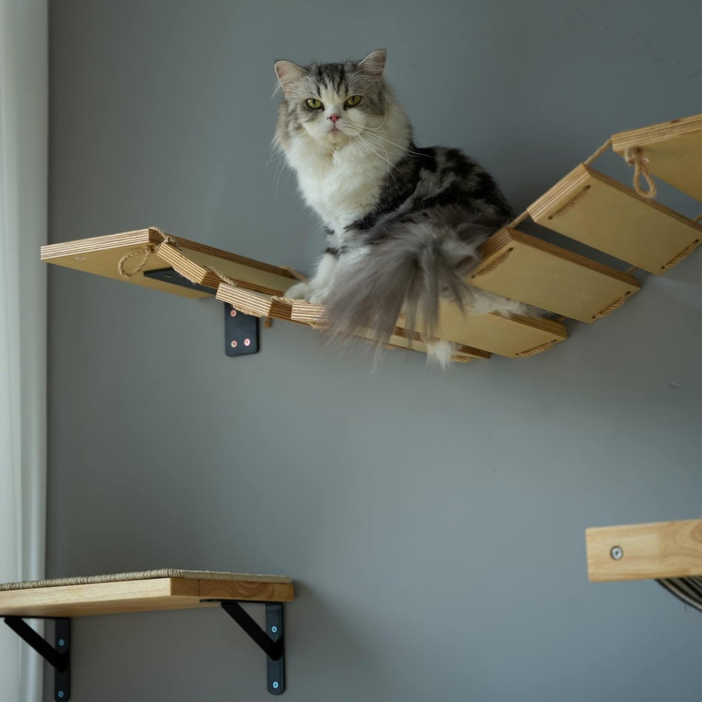 FUKUMARU Cat Bridge Wall Mounted, 12.8-Inch Expanded Feline Perch & Climbing Steps for Custom Kitten Highway Systems, Multi-Level Wall Shelves Furniture
