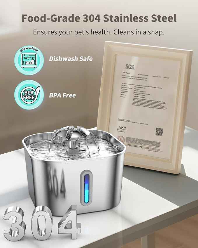 Cat Water Fountain Stainless Steel with 4 Filters & 4 Sponges, 74oz/2.2L Cat Fountain with Quiet Pump, Automatic Pet Water Dispenser, Ideal for Multi-pet Homes, Fresh & Clean Water for Cats and Dogs