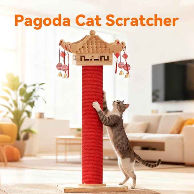 Premium Natural Hemp Tall Pagoda Cat Scratcher, Durable Cat Scratching Post for Indoor Cats, Stable Climbing Pole, Furniture Protector, Cat and Kitten Play Tower and Activity Center