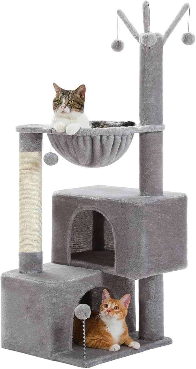 45-Inch Small Cat Tree with 2 Condos for Indoor Cats,Cat Tower with Scratching Posts for Small Cats,Grey Cat Tree Tower with Hammock and Cat Toys