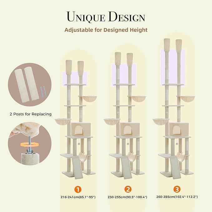 Floor to Ceiling Cat Tree Height (85-112 Inches) Adjustable, Tall Cat Tower 7 Tiers Activity Climbing Tower, Large Cat Tree with Cozy Hammocks, 5 Platforms and Scratching Posts for Indoor Cats-Beige