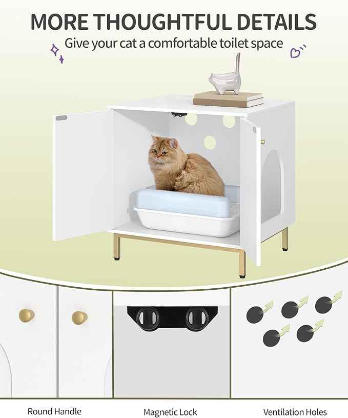 Cat Litter Box Enclosure, Hidden Litter Box Furniture Cabinet, Wooden Indoor Cat House, Side End Table, Living Room, Bedroom, White and Gold CB81203G