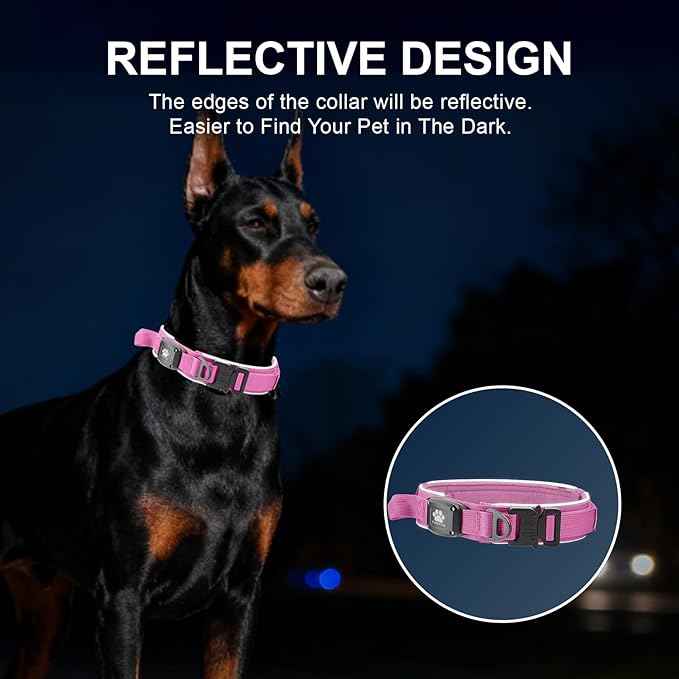 2026 Upgrade Dog Collar with IPX8 Waterproof AirTag Holder,Military Tactical Comfortable Control Handle and Ultra-Durable Metal Buckle/Night Reflective,GPS Collar for Medium to Large Dogs（Pink/XL）